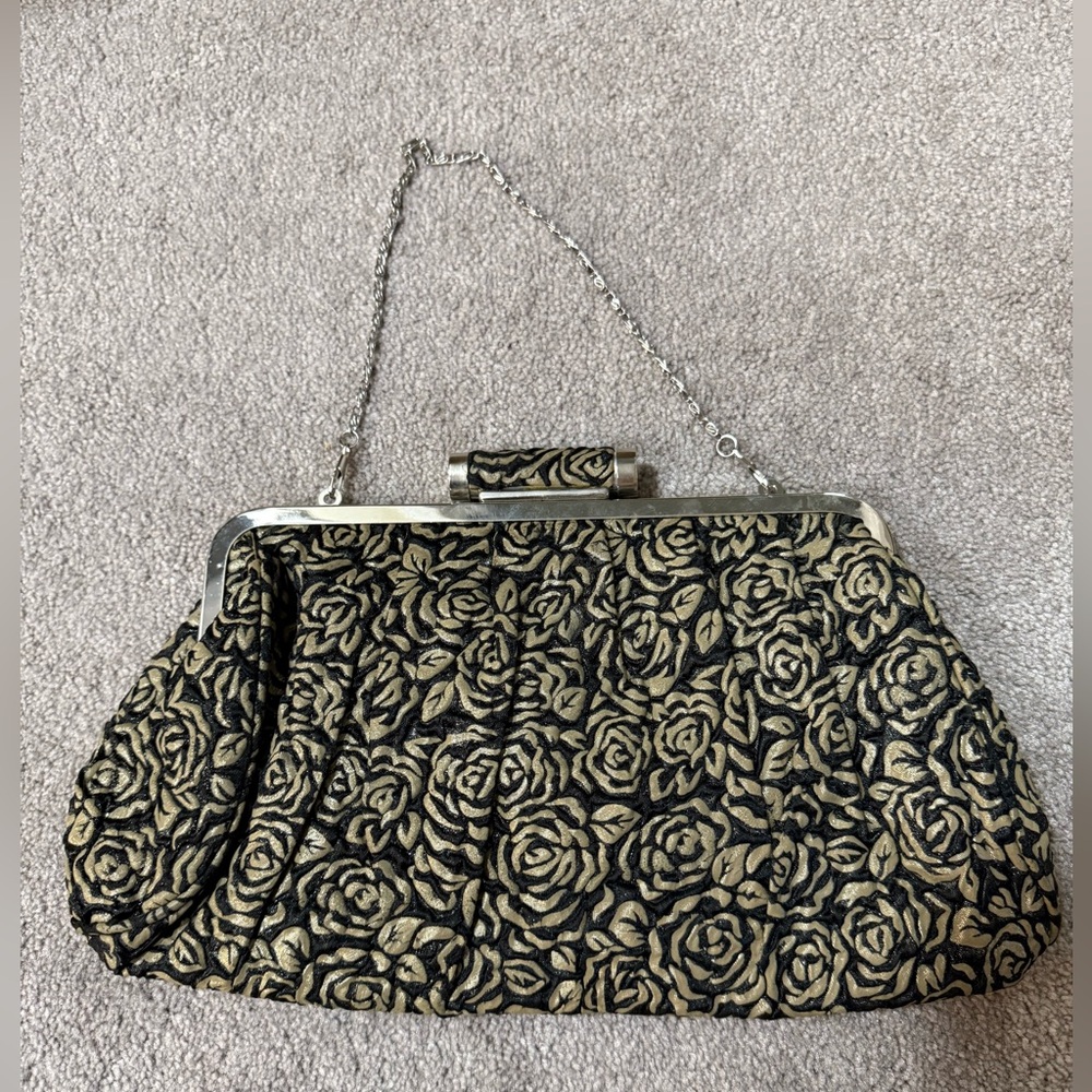 Elegant Black and Gold Floral Clutch